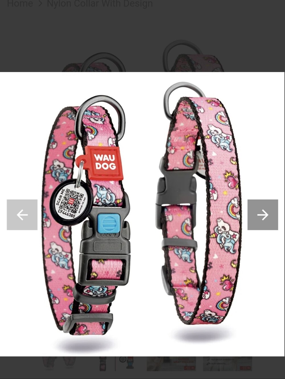 WAUDOG nylon dog collar in the adorable pink Unicorns print XL